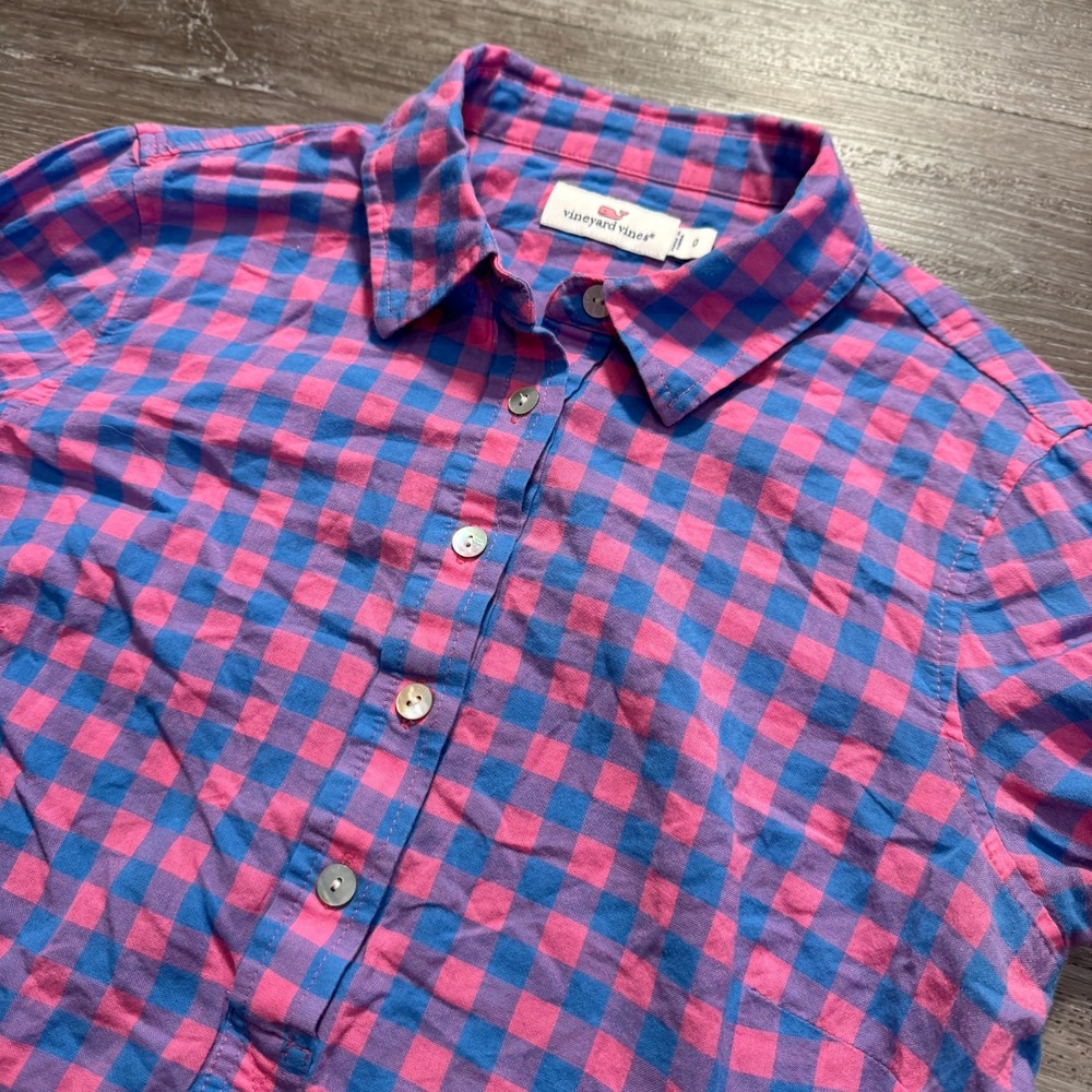Vineyard Vines Shirt Women 0 Pink Blue Gingham Plaid Roll Tab Preppy Coastal